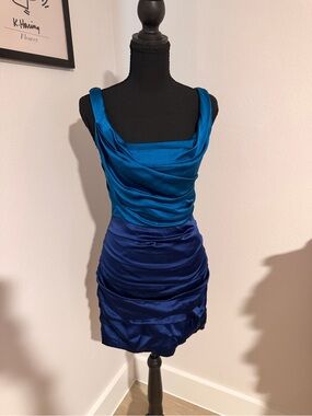 💙 Express Silk Colorblock Cocktail Dress | Mermaidcore Satin Ruched Mini